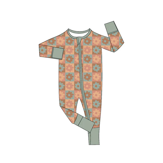 Preorder (moq 5)Baby Girls Groovy Flowers Checkered Long Sleeves Zipper Rompers 6.7