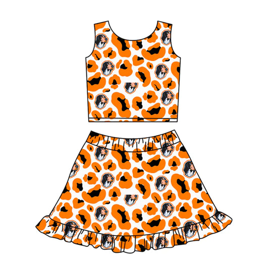 Preorder (moq 5)Baby Girls Orange Leopard Dogs Vests Ruffle Skirt Shorts Team Clothes Set 1.10