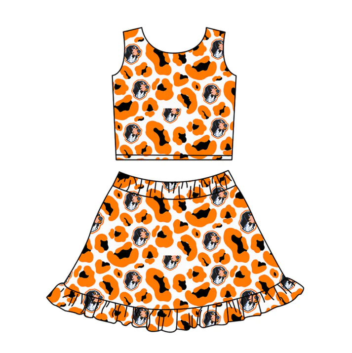 Preorder (moq 5)Baby Girls Orange Leopard Dogs Vests Ruffle Skirt Shorts Team Clothes Set 1.10