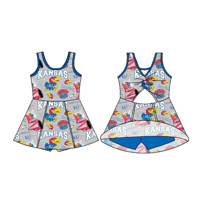 Preorder (moq 5)Baby Girls Sleeveless Kansas Bows Shorts Team Knee Length Dresses 7.2