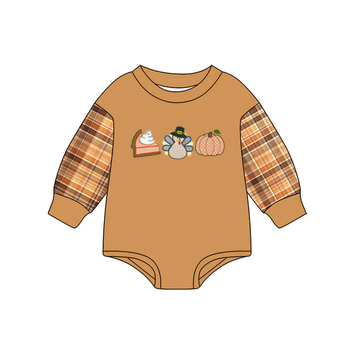 Preorder (moq 5)Baby Boys Brown Long Sleeves Pumpkins Turkey Pie Rompers 6.28