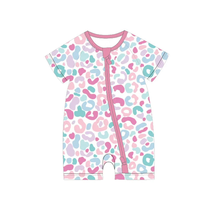Preorder moq 5 Baby Girls Short Sleeves Colorful Leopard Zipper Rompers 4.29