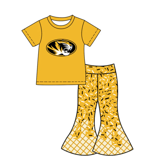 Preorder (moq 5)Baby Girls Yellow Tigers Top Drip Sprinkles Bell Bottom Pants Team Clothes Sets 11.27