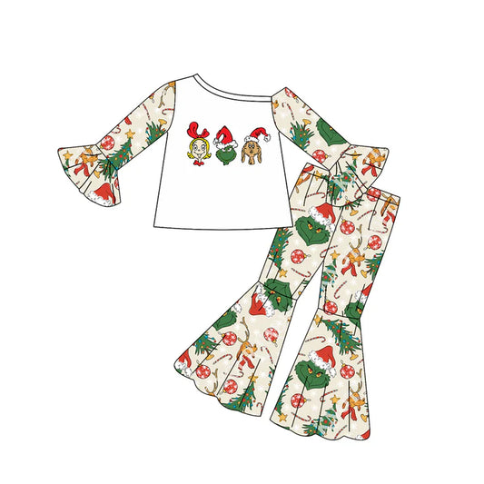 Preorder(moq 5) Baby Girls Christmas Frog One Shoulder Top Bell Pants Outfits Sets 8.7