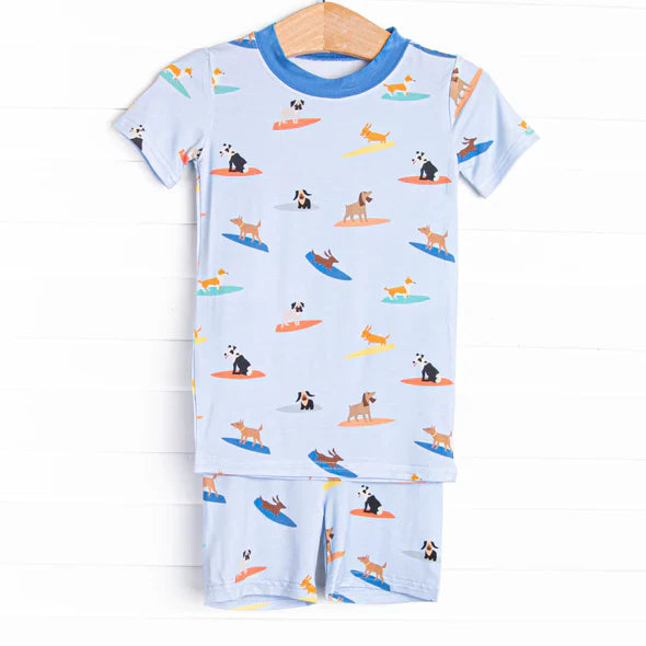 Preorder moq 5 Baby Boys Blue Short Sleeves Dogs Skiing Top Short Pajamas Set 4.30