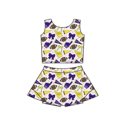 Preorder moq 5 Baby Girls Sleeveless Purple Yellow Football Cheer Vest Top Skorts Team Set 7.11