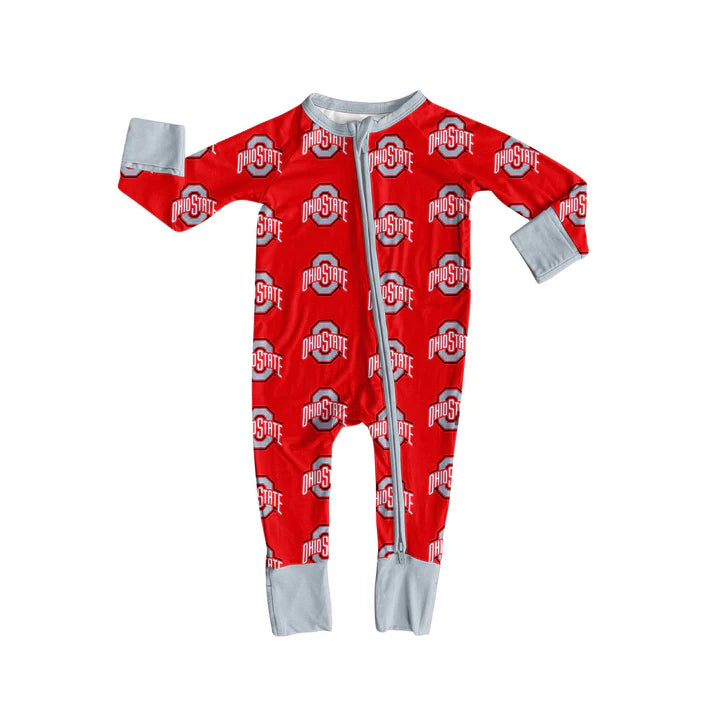 Preorder moq 5 Baby Infant Boys Red Long Sleeves Ohiostate Plaid Zipper Romper 7.12