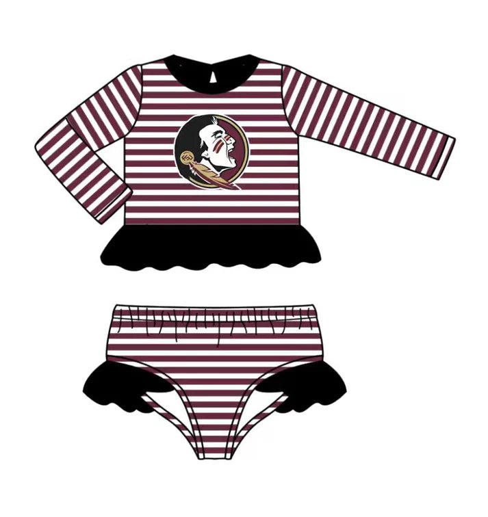 Preorder (moq 5)Baby Girls Black Stripe Ruffle Top Bummies Team 2 Piece Swimsuits 12.24