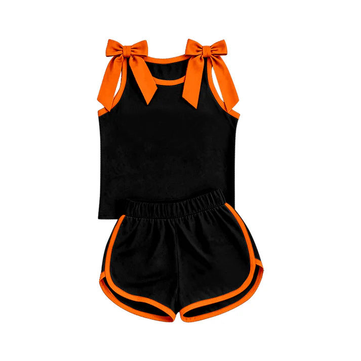 Preorder Baby Girls Black Orange Bows Sleeveless Top Short Clothes Sets GSD3822