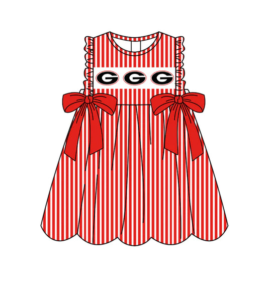 Preorder (moq 5)Baby Girls Sleeveless Red Stripe G Bows Team Knee Length Dresses 11.25