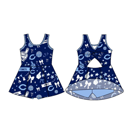 Preorder (moq 5)Baby Girls Sleeveless Blue Comets Football Team Shorts Dresses 7.11