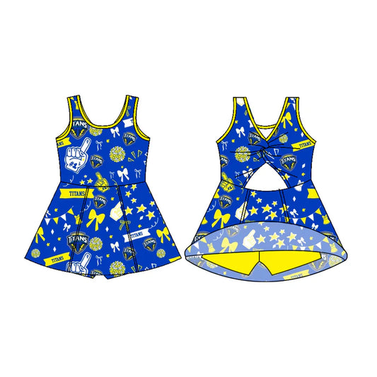 Preorder (moq 5)Baby Girls Sleeveless Blue Titans Football Team Shorts Dresses 7.11