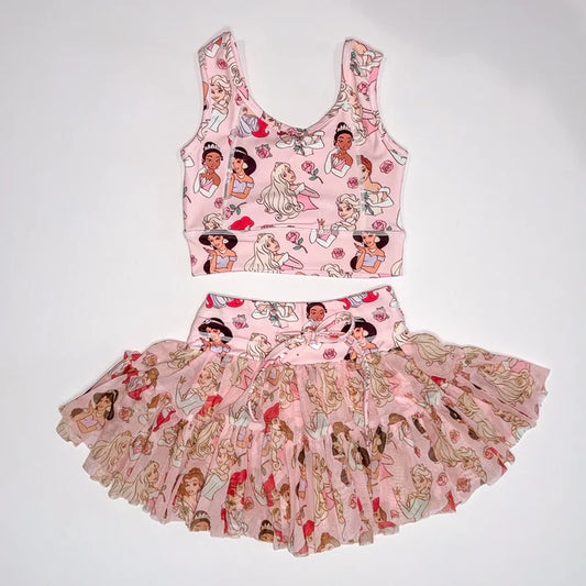 Preorder (moq 5)Baby Girls Cartoon Princesses Flowers Vest Top Skirt Shorts Clothes Set 1.7
