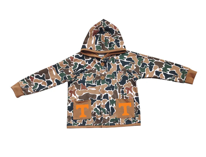Preorder (moq 5)Baby Boys Dark Brown Camo Orange T Pockets Team Button Hoodie Jackets Top 11.22