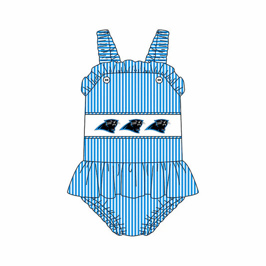 Preorder (moq 5)Baby Girls Strap Blue Stripe Leopards Tunic Bummies Team Rompers 12.29