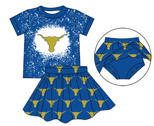 Preorder (moq 5)Baby Girls Blue Cow Top Bummie Skorts Team Sets 6.30