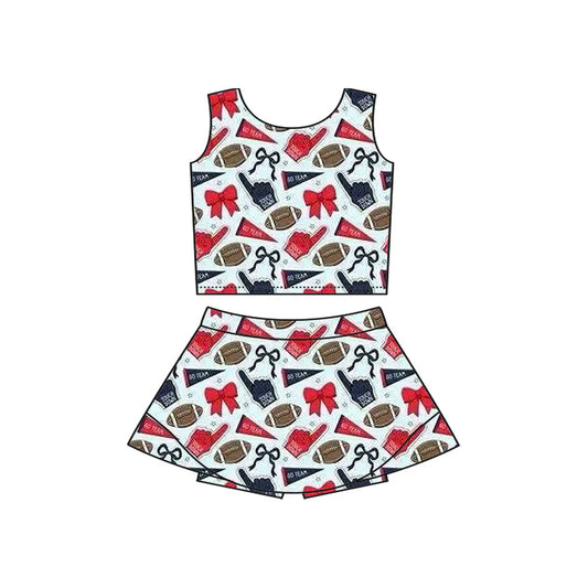 Preorder moq 5 Baby Girls Sleeveless Red Football Cheer Vest Top Skorts Team Set 7.11