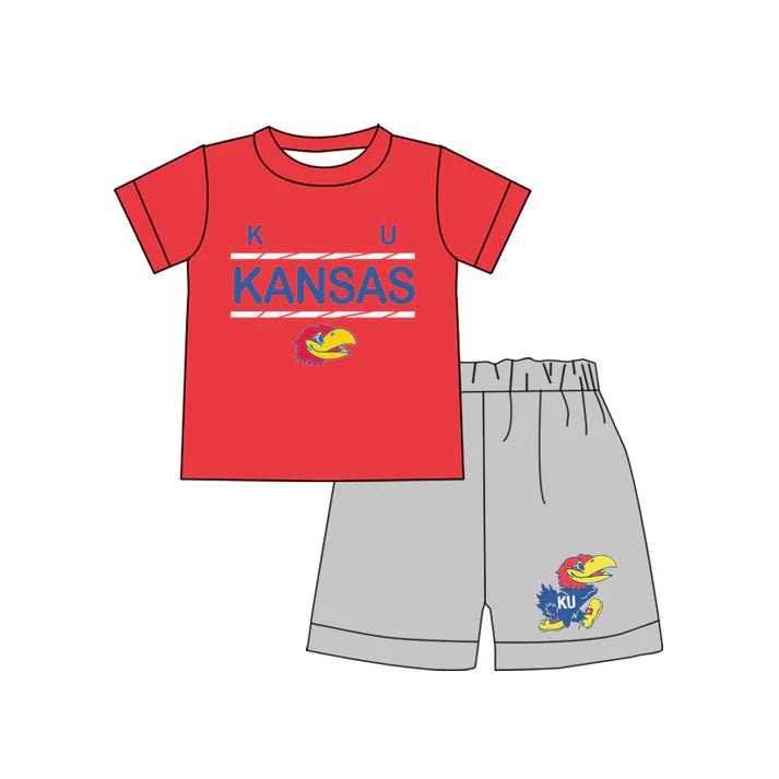 Preorder moq 5 Baby Boys KU Kansas Team Shirts Shorts Summer outfits sets 4.18
