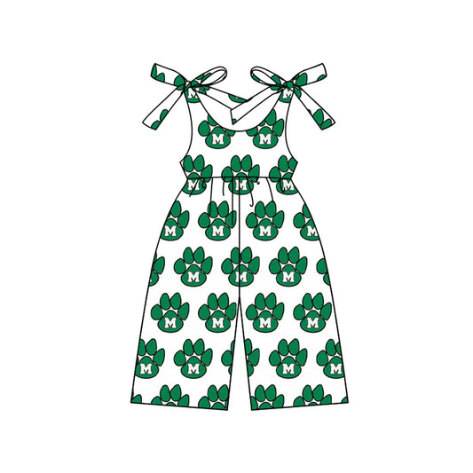 Preorder (moq 5)Baby Girls Green M team Straps Jumpsuits Rompers 7.11