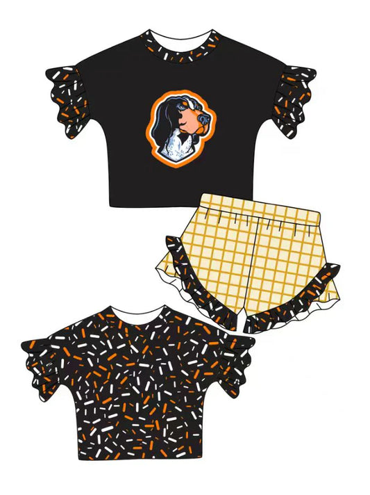 Preorder (moq 5)Baby Girls Black Sprinkles Dogs Top Checked Ruffle Shorts Team Clothes Set 1.10