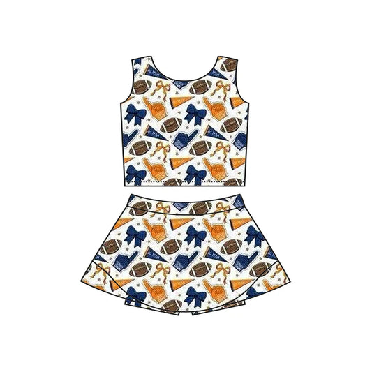 Preorder moq 5 Baby Girls Sleeveless Football Bows Cheer Vest Top Skorts Team Set 7.11