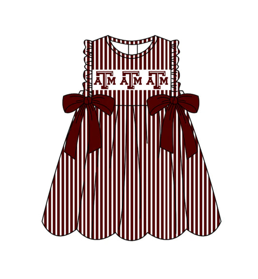 Preorder (moq 5)Baby Girls Sleeveless Dark Red Stripe ATM Bows Team Knee Length Dresses 11.26