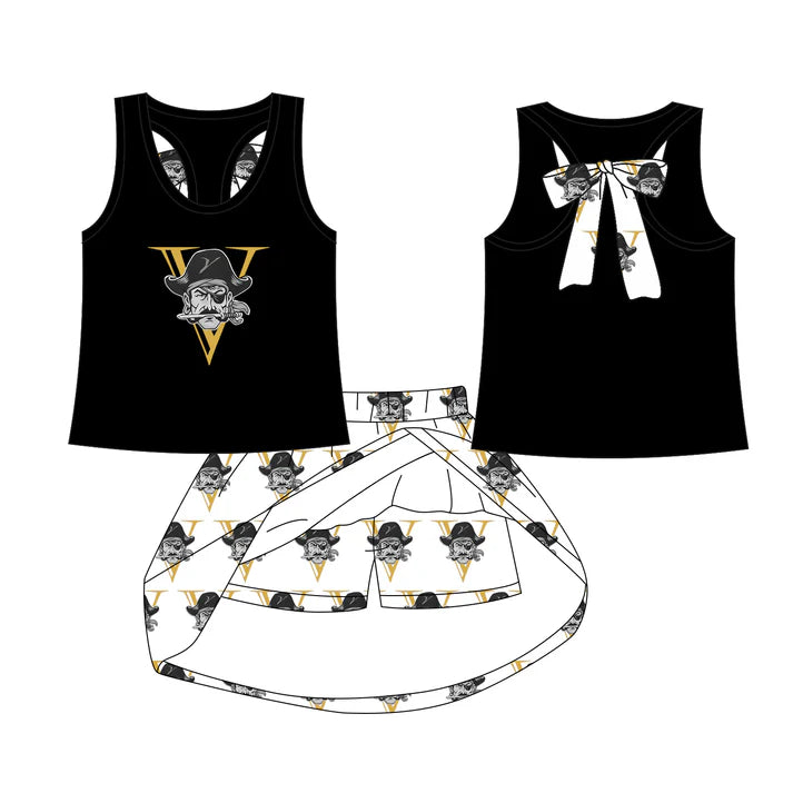 Preorder (moq 5)Baby Girls V Black bow vest team Top Skirt Skort Sets 7.21