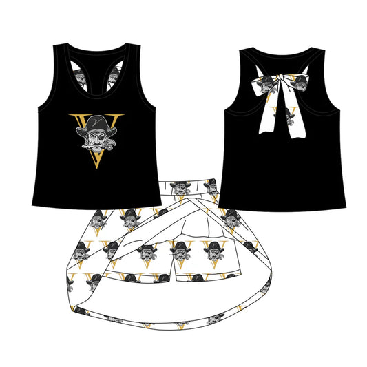 Preorder (moq 5)Baby Girls V Black bow vest team Top Skirt Skort Sets 7.21