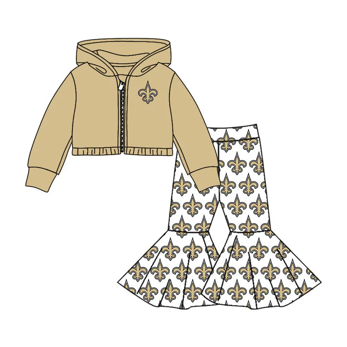 Preorder moq 5 Baby girls Khaki Saint team hooded shirt bell bottom pants sets 7.23