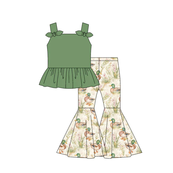 Preorder moq 5 Baby Girls Green Strap Bows Tunic Ducks Bell Bottom Pants Set 4.30