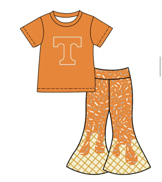 Preorder (moq 5) Baby Girls Clothes Orange Short Sleeve Tops Bell Pants Sets