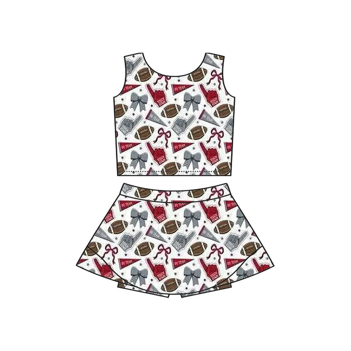 Preorder moq 5 Baby Girls Sleeveless Gray Football Cheer Plaid Vest Top Skorts Team Set 7.11