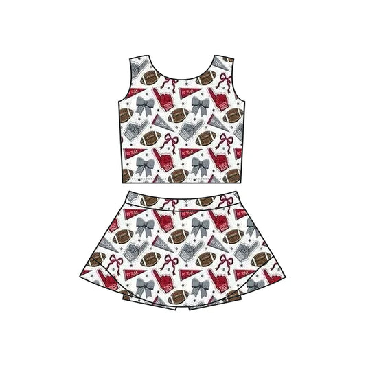 Preorder moq 5 Baby Girls Sleeveless Gray Football Cheer Plaid Vest Top Skorts Team Set 7.11