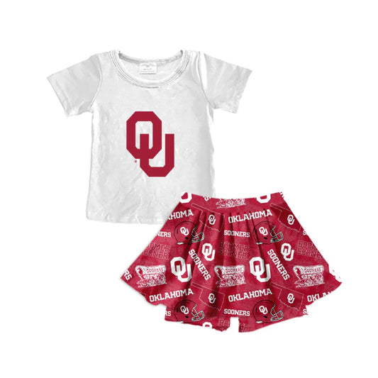 Preorder moq 5 Baby Girls White Team Oklahoma top skirt bummie clothes sets 7.21