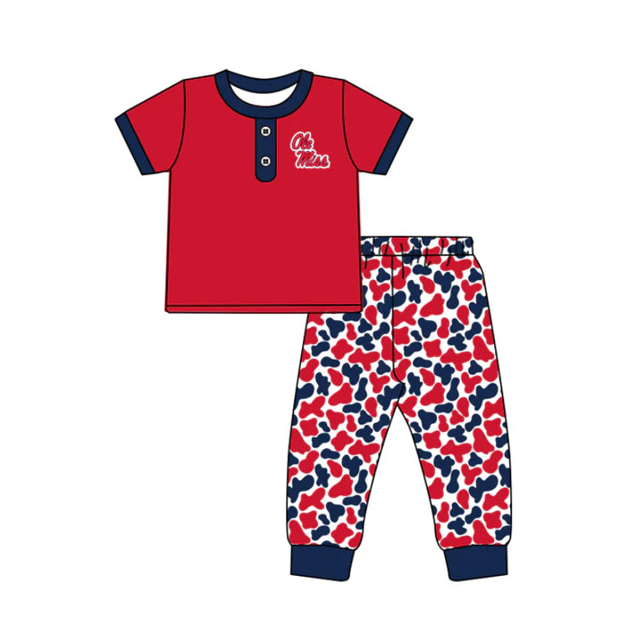 Preorder (moq 5)Baby Boys Red Ole Miss Button Top Camo Pants Team Clothes Sets 11.25