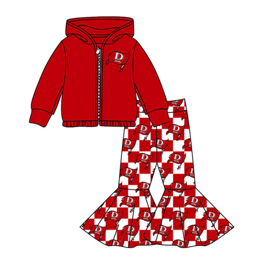 Preorder(moq 5) Baby Girls Red D Flags Zipper Hoodie Jacket Bell Bottom Pants Team Clothes Sets 11.10