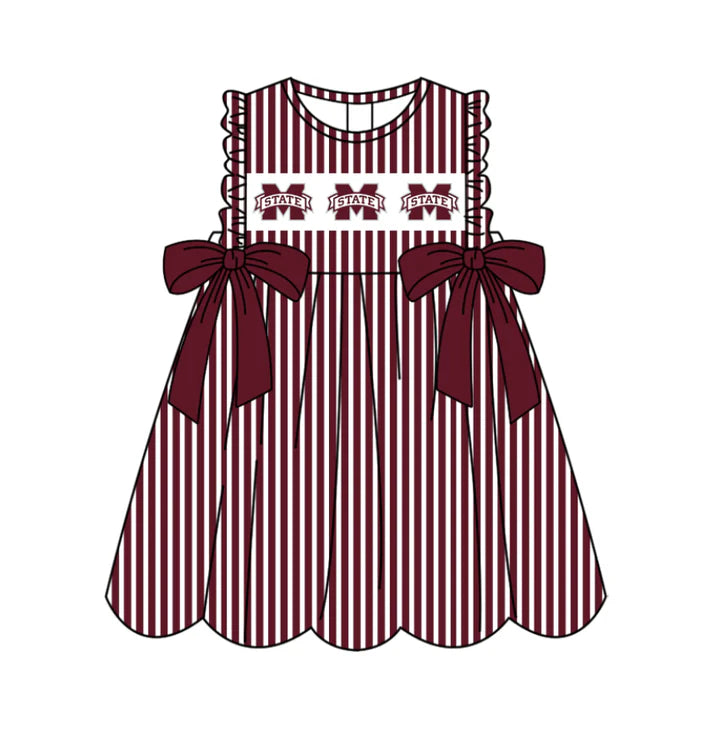 Preorder (moq 5)Baby Girls Sleeveless Dark Red Stripe M State Bows Team Knee Length Dresses 11.25