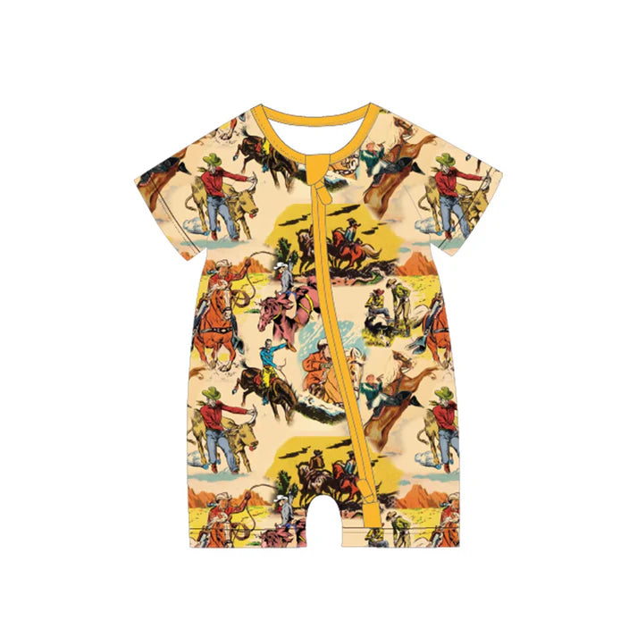 Preorder moq 5 Baby Boys Short Sleeves Horse Rodeos Zipper Rompers 4.29