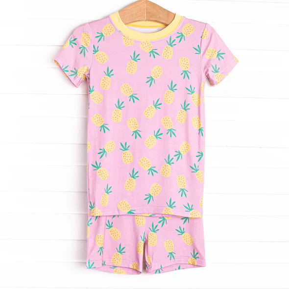Preorder moq 5 Baby Girls Pink Short Sleeves Pineapple Top Short Pajamas Set 4.30
