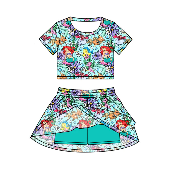 Preorder (moq 5)Baby Girls Mermaid Cartoon Top Skirt Skort Sets 6.19