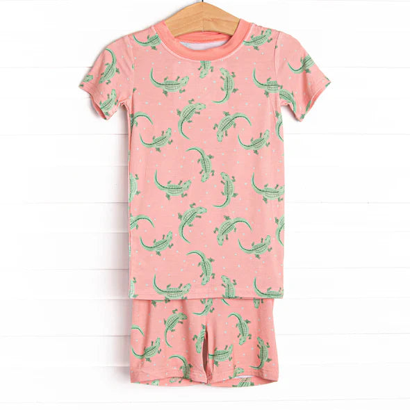 Preorder moq 5 Baby Girls Peach Short Sleeves Crocodiles Top Short Pajamas Set 4.30