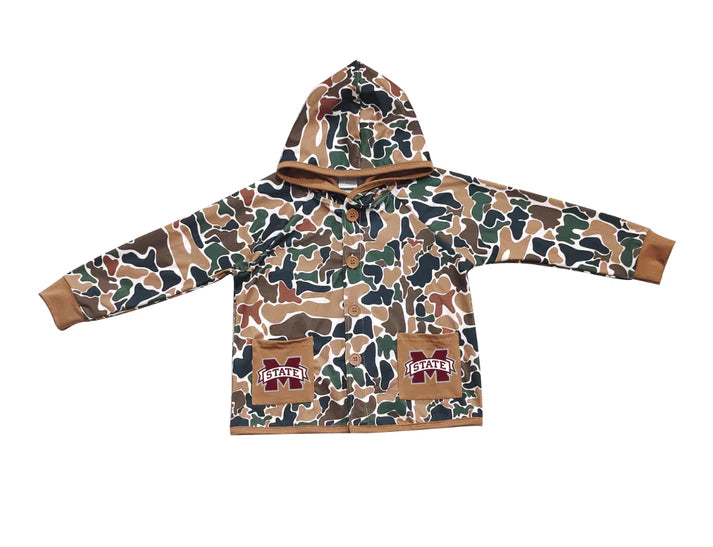 Preorder (moq 5)Baby Boys Dark Brown Camo M State Pockets Team Button Hoodie Jackets Top 11.24
