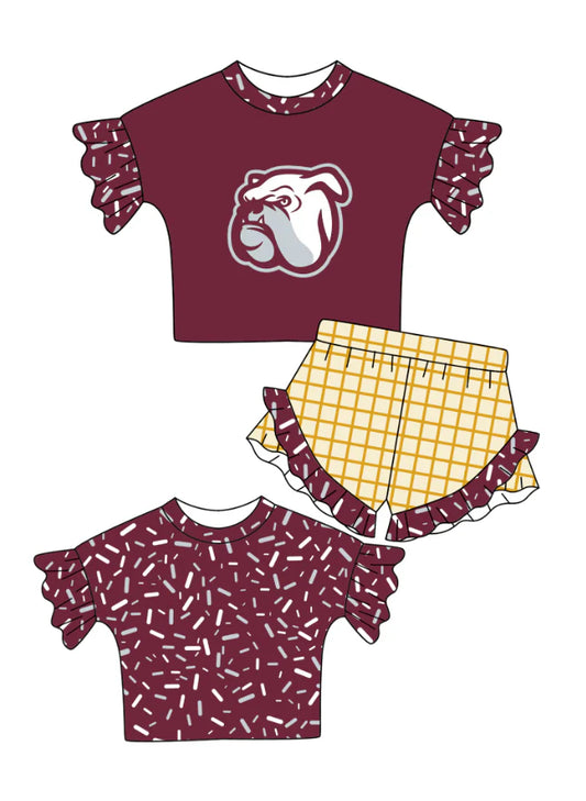 Preorder (moq 5)Baby Girls Red Back Sprinkles Bulldogs Top Checked Ruffle Shorts Team Clothes Set 1.12