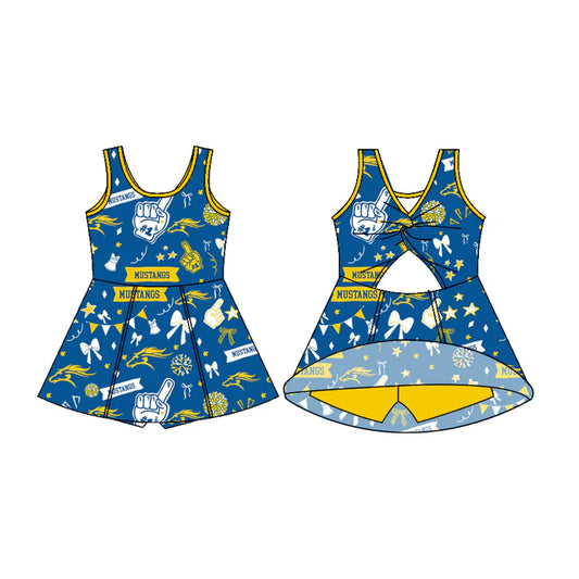 Preorder (moq 5)Baby Girls Sleeveless Mustangs Blue Bows Football Team Shorts Dresses 7.11