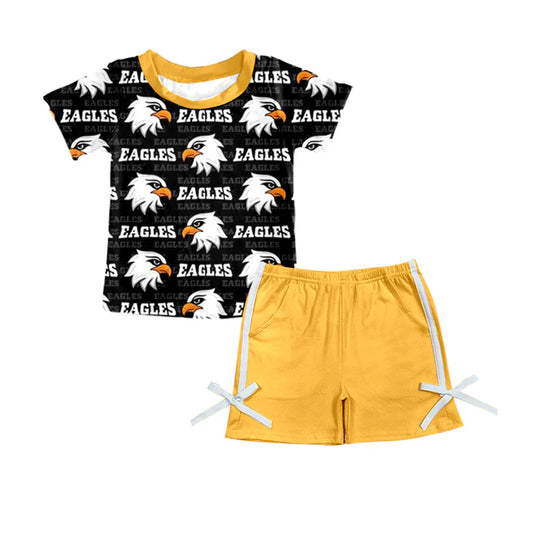 Preorder (moq 5)Baby Girls Black Eagles Team Top Bows Shorts Sets 6.30