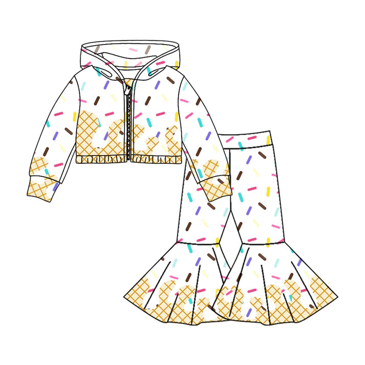 Preorder (moq 5)Baby Girls Long Sleeves Drip Zipper Jacket Top Bell Bottom Pant Team Clothes Sets 8.5