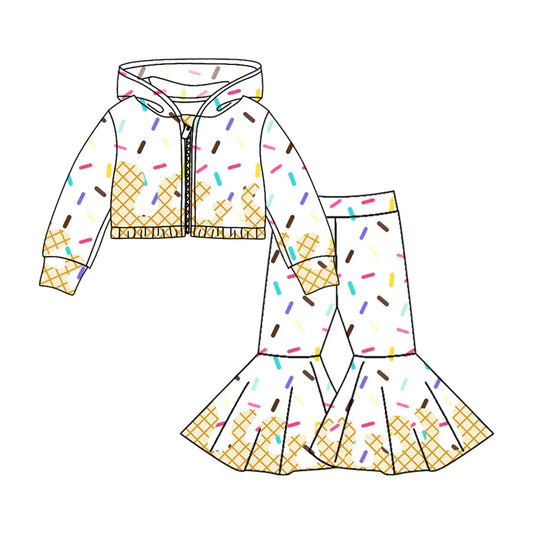Preorder (moq 5)Baby Girls Long Sleeves Drip Zipper Jacket Top Bell Bottom Pant Team Clothes Sets 8.5
