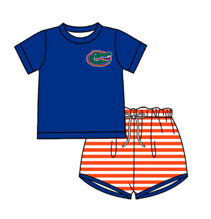 Preorder (moq 5)Baby Boys Blue Crocodiles Top Red Stripe Shorts Team Clothes Sets 12.27