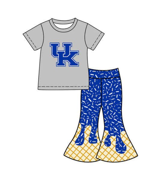 Preorder (moq 5)Baby Girls Blue UK Top Drip Sprinkles Bell Bottom Pants Team Clothes Sets 11.27