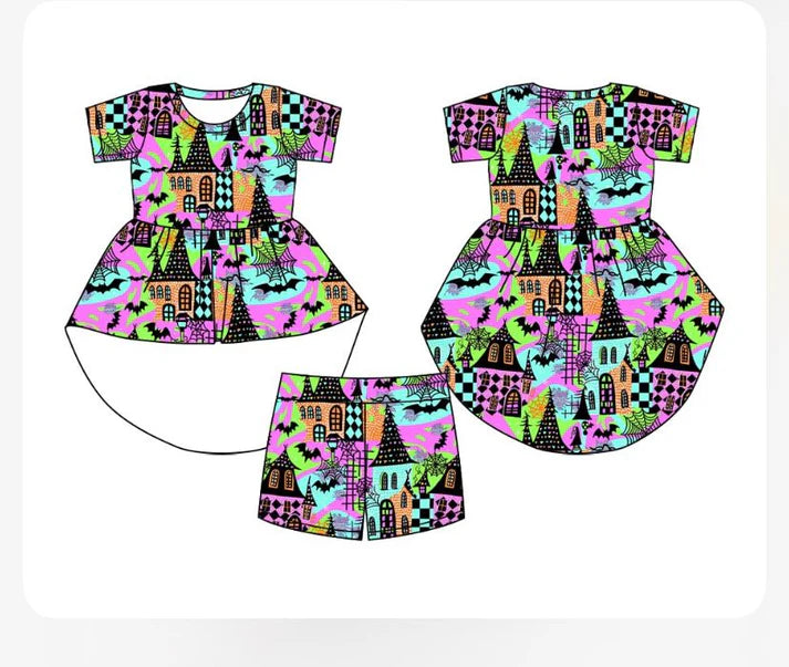Preorder moq 5 Baby Girls Halloween Castle Hi-low Top Shorts Sets 5.8